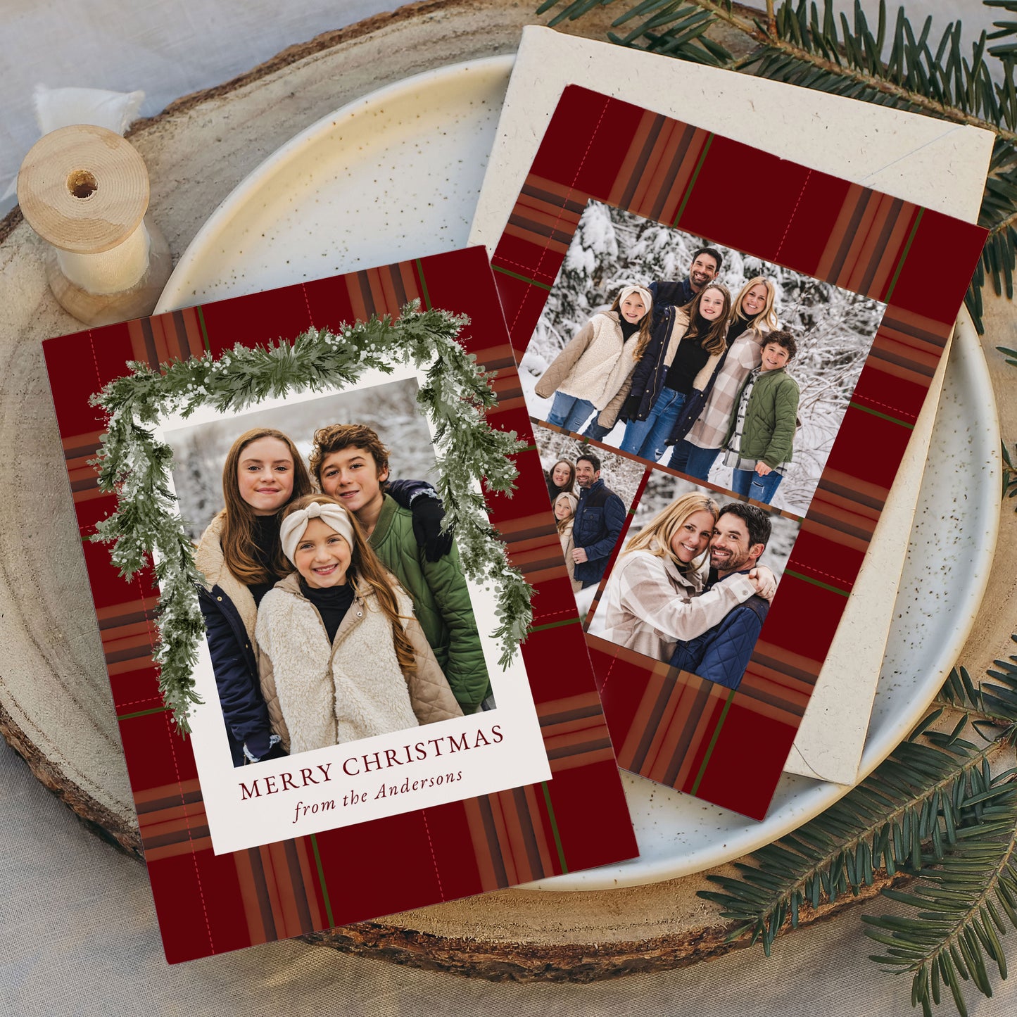 Rustic Burgundy Plaid Greenery Christmas 4 Photo Holiday Card | Corjl Template