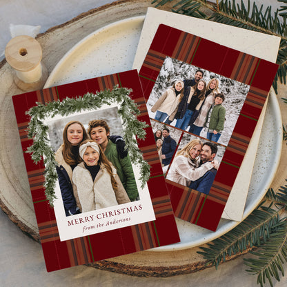 Rustic Burgundy Plaid Greenery Christmas 4 Photo Holiday Card | Corjl Template