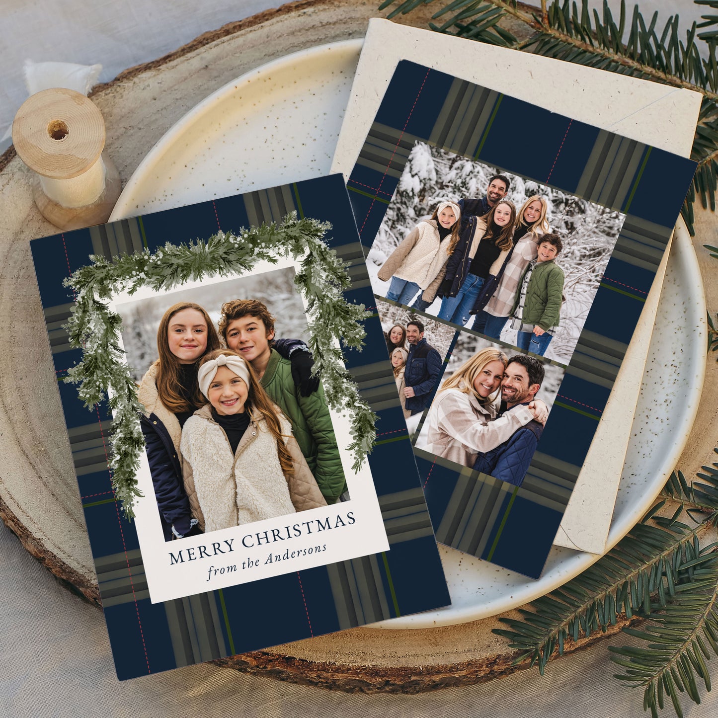 Rustic Navy Plaid Greenery Christmas 4 Photo Holiday Card | Corjl Template
