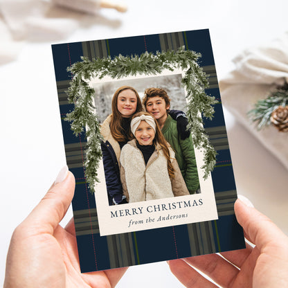 Rustic Navy Plaid Greenery Christmas 4 Photo Holiday Card | Corjl Template
