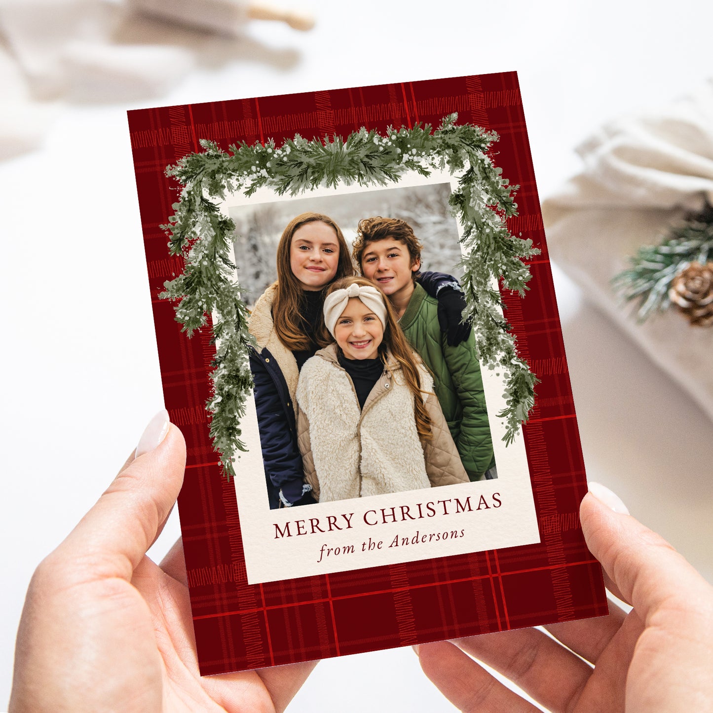 Rustic Red Plaid Greenery Christmas 4 Photo Holiday Card | Corjl Template