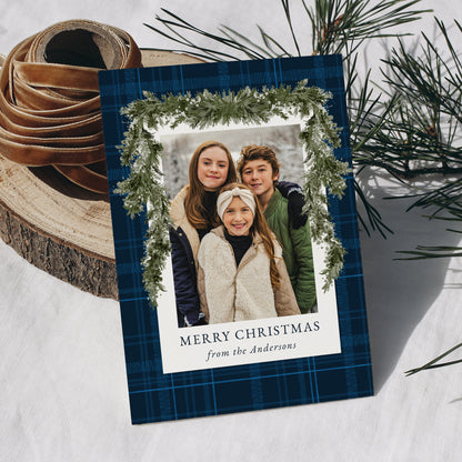 Rustic Blue Plaid Greenery Christmas 4 Photo Holiday Card | Corjl Template