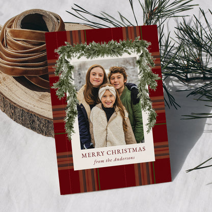 Rustic Burgundy Plaid Greenery Christmas 4 Photo Holiday Card | Corjl Template