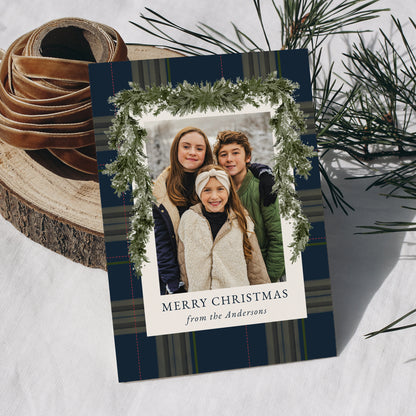 Rustic Navy Plaid Greenery Christmas 4 Photo Holiday Card | Corjl Template
