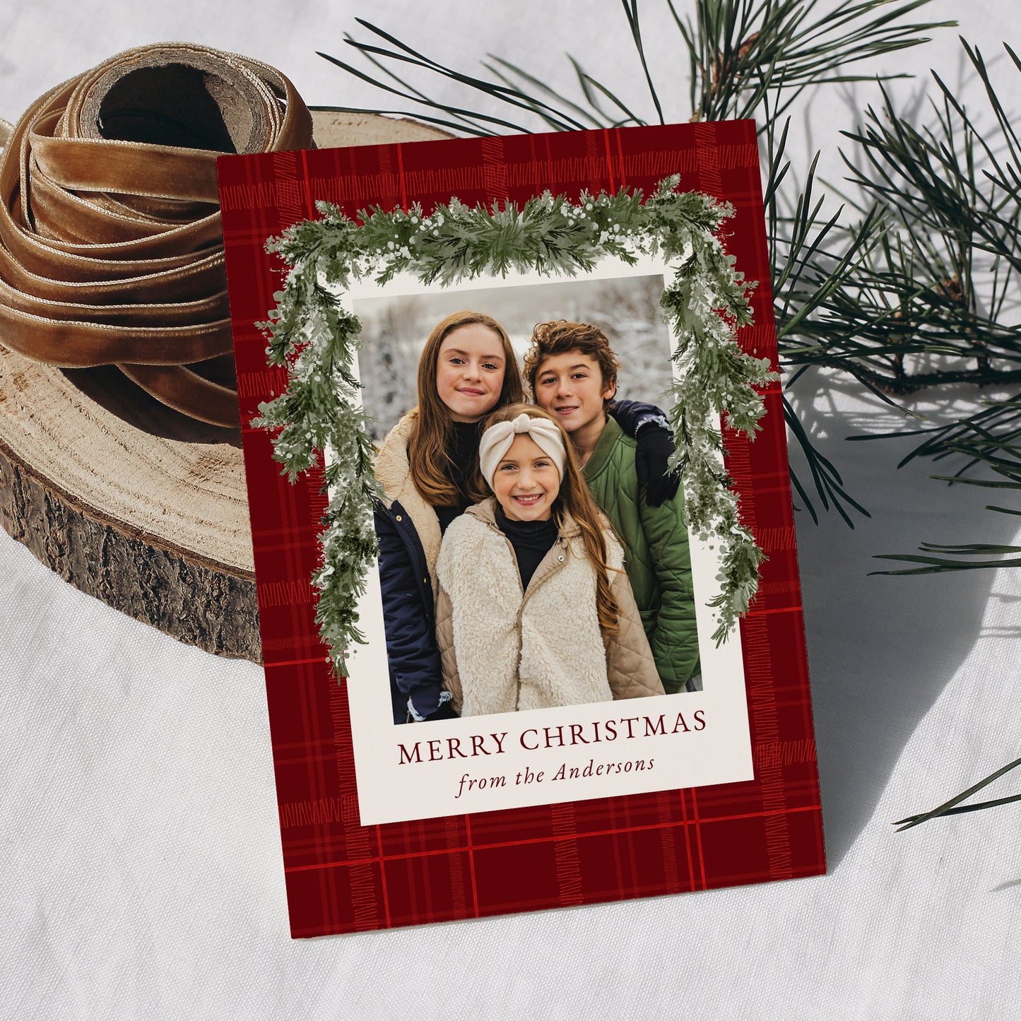 Rustic Red Plaid Greenery Christmas 4 Photo Holiday Card | Corjl Template