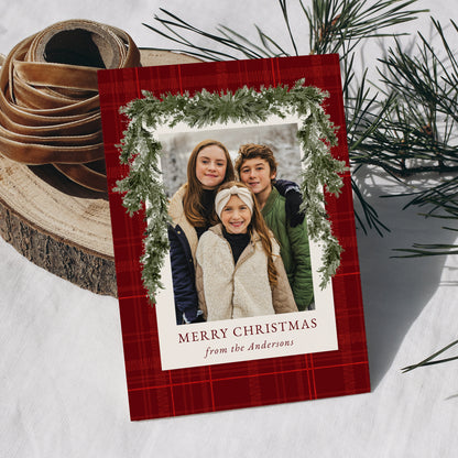 Rustic Red Plaid Greenery Christmas 4 Photo Holiday Card | Corjl Template