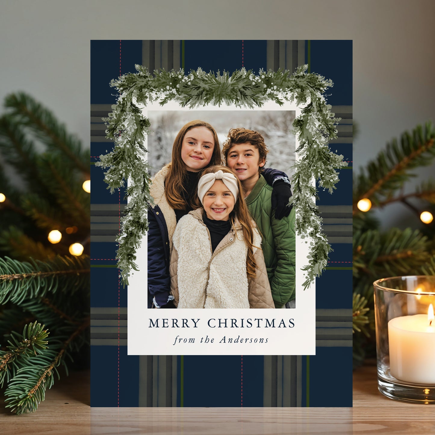 Rustic Navy Plaid Greenery Christmas 4 Photo Holiday Card | Corjl Template