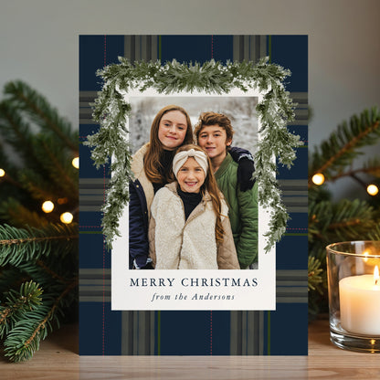 Rustic Navy Plaid Greenery Christmas 4 Photo Holiday Card | Corjl Template