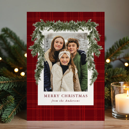 Rustic Red Plaid Greenery Christmas 4 Photo Holiday Card | Corjl Template