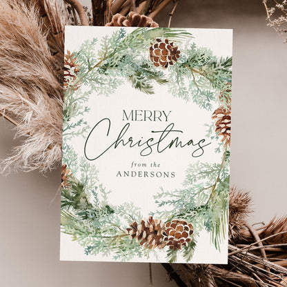 Rustic Watercolor Pinecone Wreath Non-Photo Holiday Card | Canva Template
