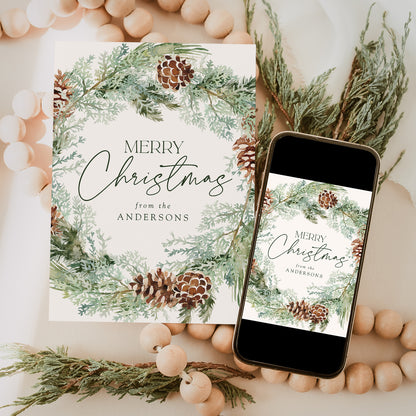 Rustic Watercolor Pinecone Wreath Non-Photo Holiday Card | Canva Template
