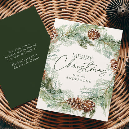 Rustic Watercolor Pinecone Wreath Non-Photo Holiday Card | Canva Template