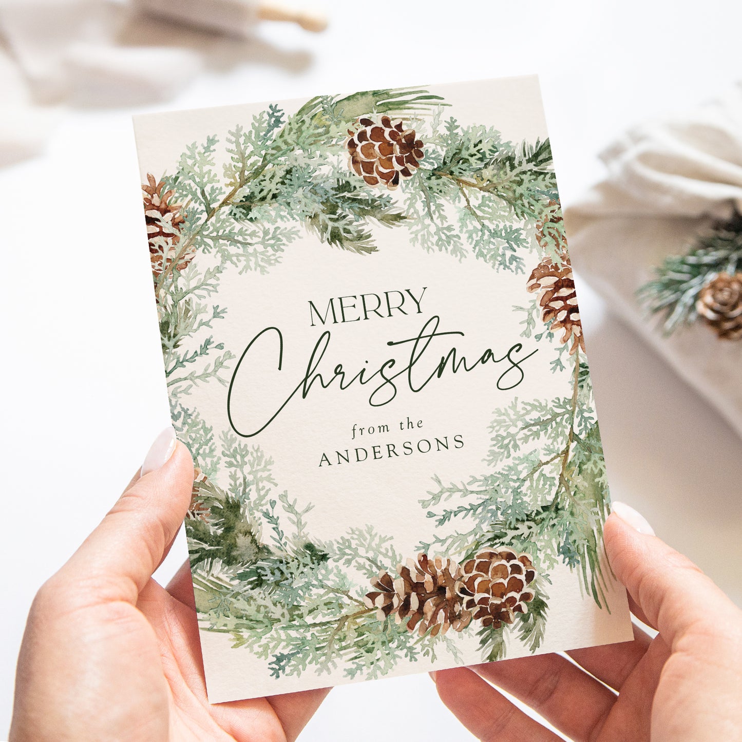 Rustic Watercolor Pinecone Wreath Non-Photo Holiday Card | Canva Template