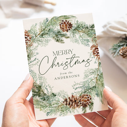 Rustic Watercolor Pinecone Wreath Non-Photo Holiday Card | Canva Template