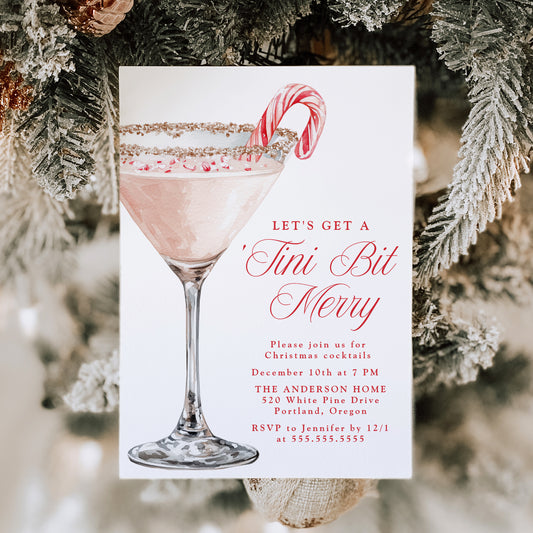 'Tini Bit Merry Candy Cane Martini Christmas Party Invitation | Canva Template