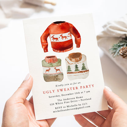 Watercolor Ugly Sweater Holiday Party Invitation | Corjl Template
