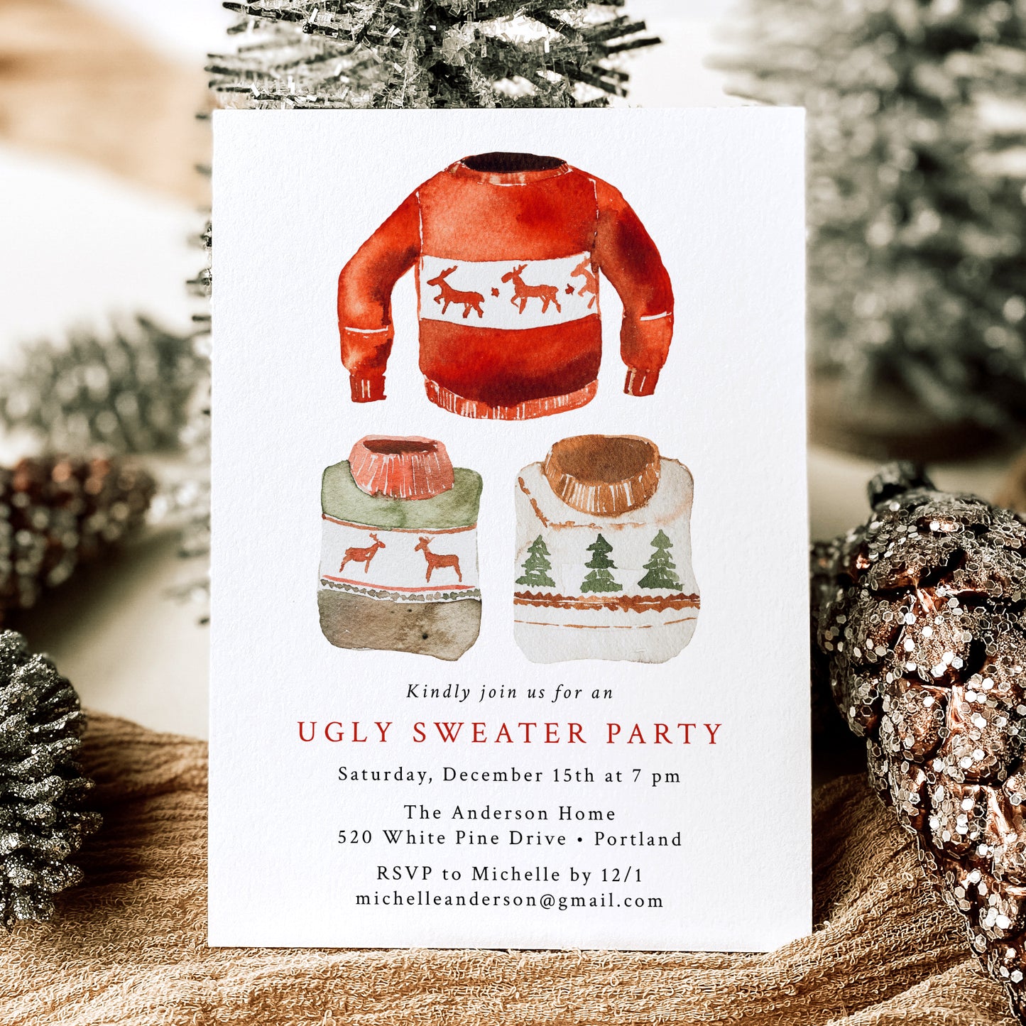 Watercolor Ugly Sweater Holiday Party Invitation | Corjl Template