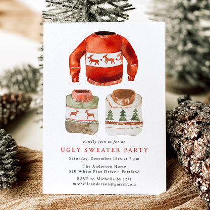 Watercolor Ugly Sweater Holiday Party Invitation | Corjl Template