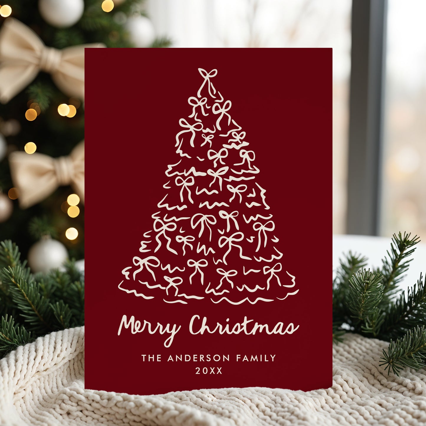 Whimsical Christmas Tree Bows Cranberry Non-Photo Holiday Card | Corjl Template