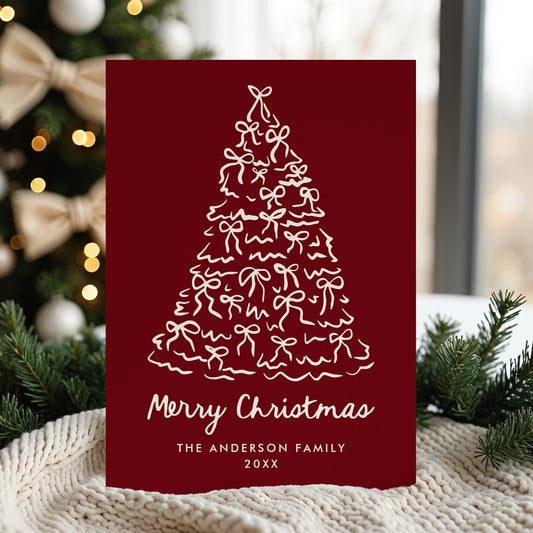 Whimsical Christmas Tree Bows Cranberry Non-Photo Holiday Card | Corjl Template