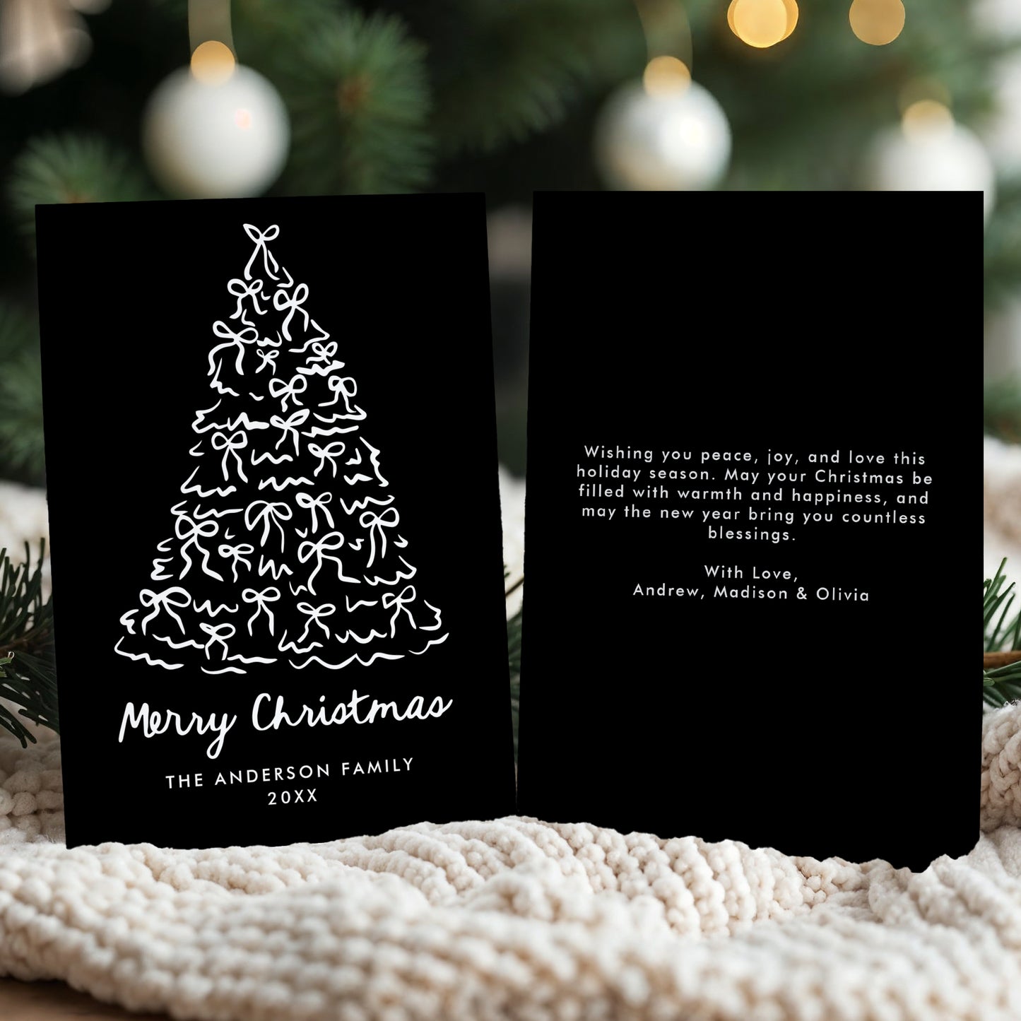Whimsical Christmas Tree Bows Black Non-Photo Holiday Card | Corjl Template