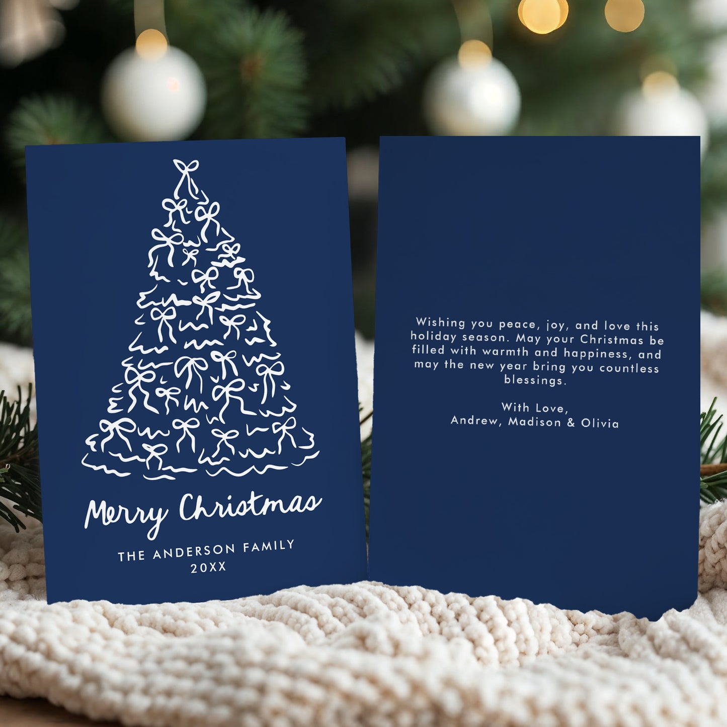 Whimsical Christmas Tree Bows Navy Non-Photo Holiday Card | Corjl Template