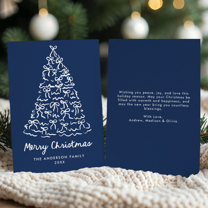 Whimsical Christmas Tree Bows Navy Non-Photo Holiday Card | Corjl Template