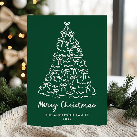 Whimsical Christmas Tree Bows Green Non-Photo Holiday Card | Corjl Template