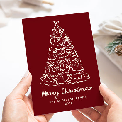Whimsical Christmas Tree Bows Cranberry Non-Photo Holiday Card | Corjl Template