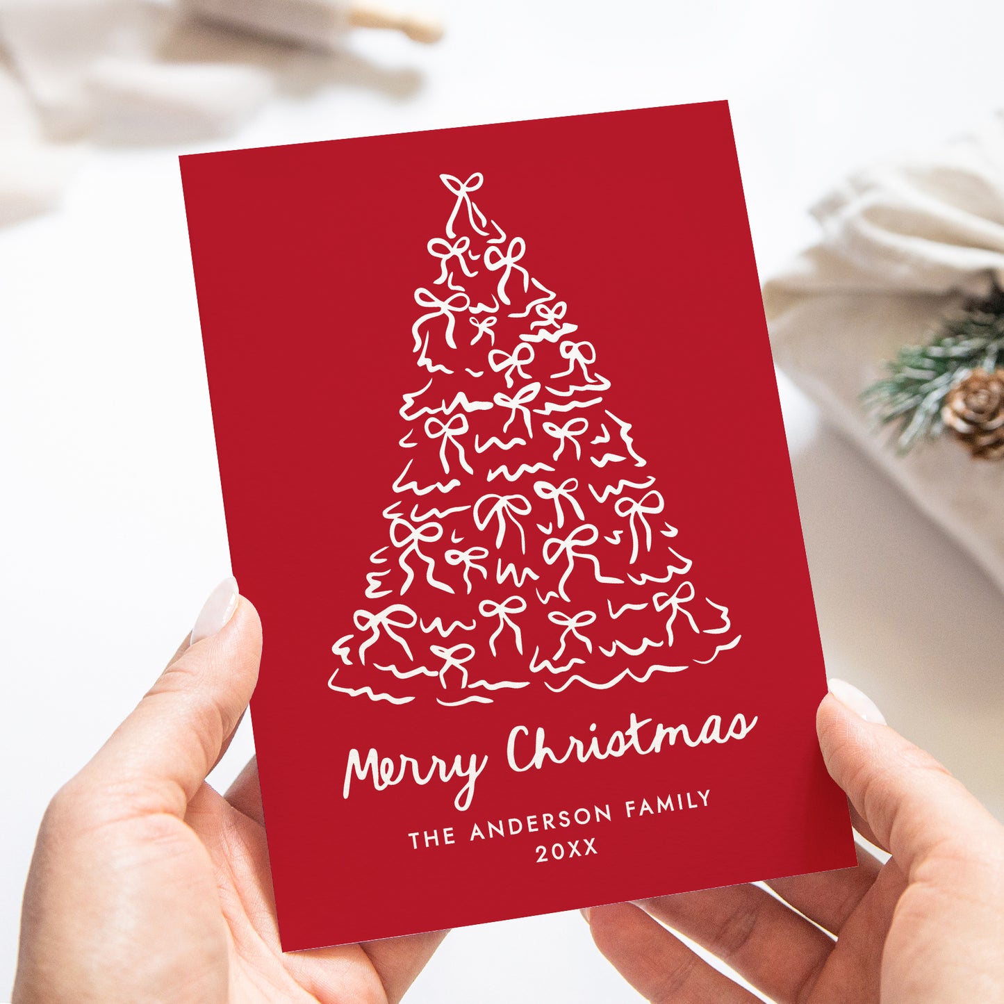 Whimsical Christmas Tree Bows Red Non-Photo Holiday Card | Corjl Template