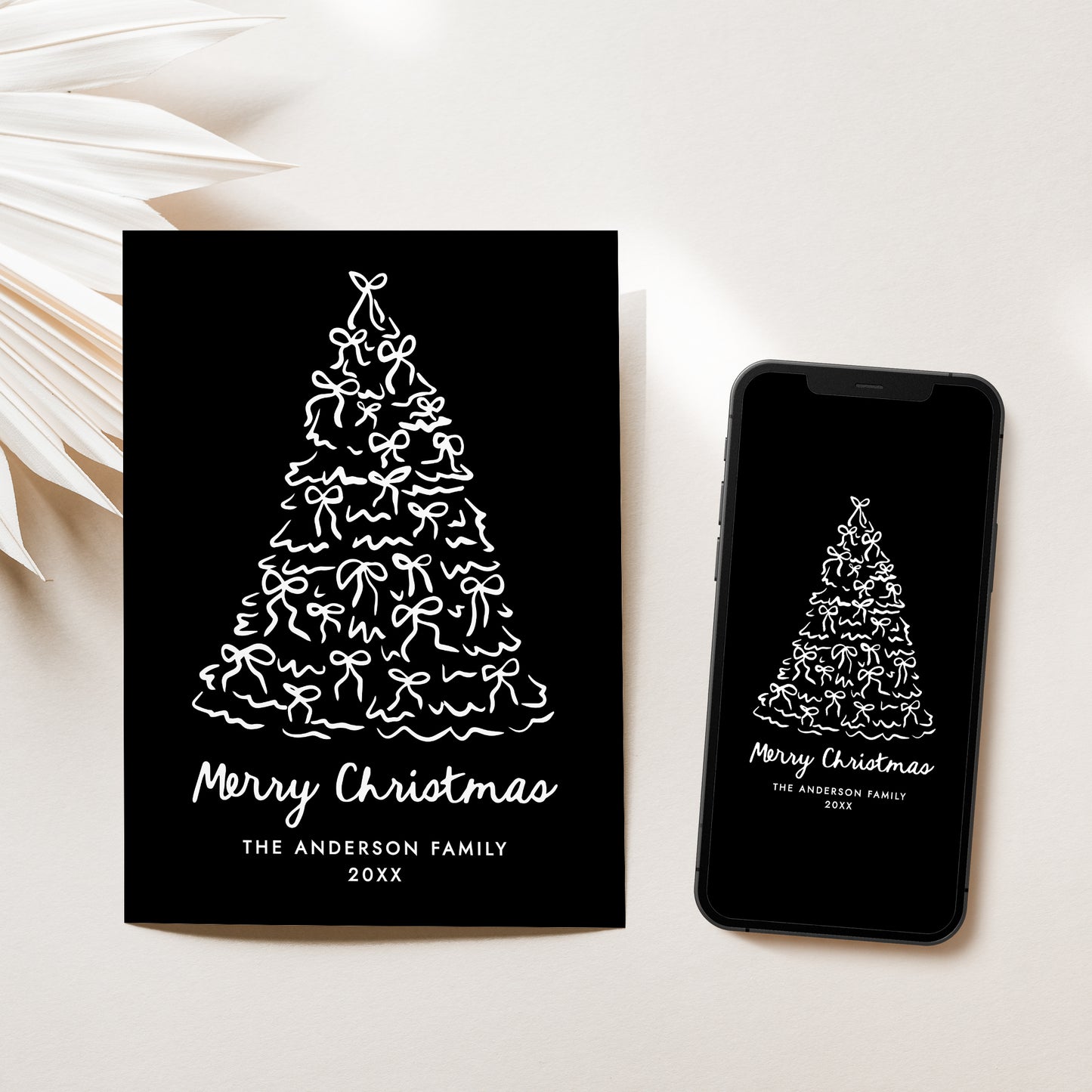 Whimsical Christmas Tree Bows Black Non-Photo Holiday Card | Corjl Template