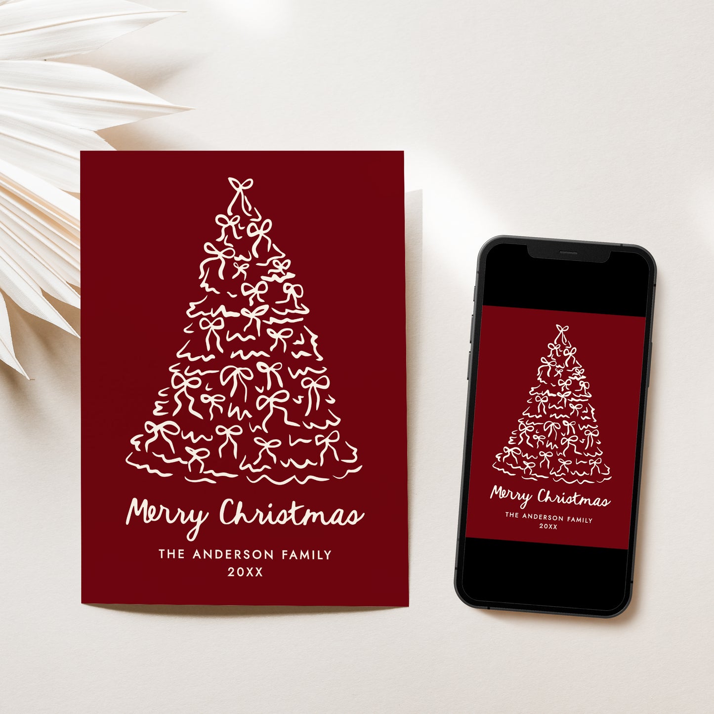 Whimsical Christmas Tree Bows Cranberry Non-Photo Holiday Card | Corjl Template