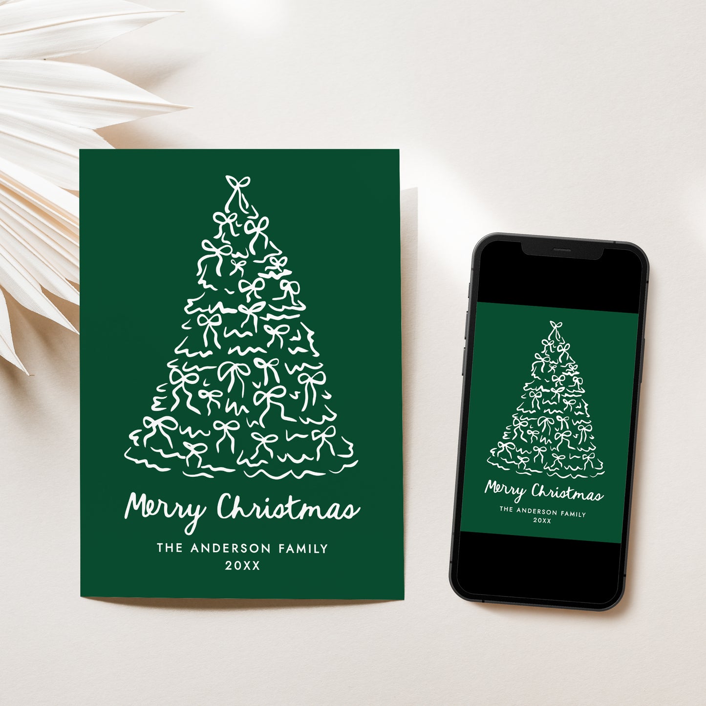 Whimsical Christmas Tree Bows Green Non-Photo Holiday Card | Corjl Template