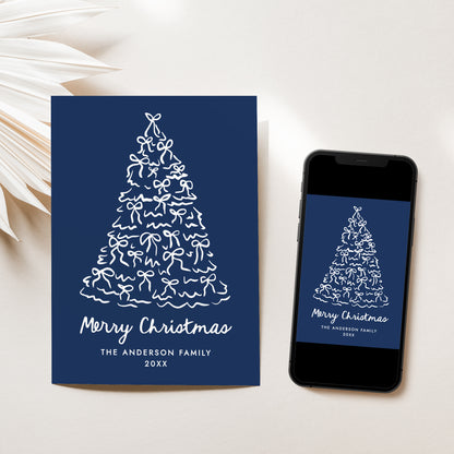 Whimsical Christmas Tree Bows Navy Non-Photo Holiday Card | Corjl Template