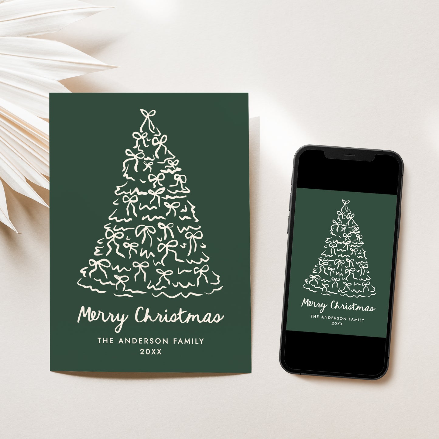 Whimsical Christmas Tree Bows Pine Green Non-Photo Holiday Card | Corjl Template