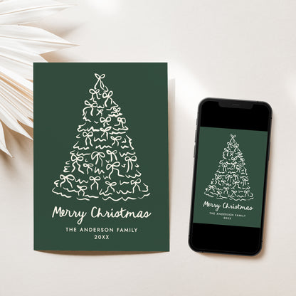 Whimsical Christmas Tree Bows Pine Green Non-Photo Holiday Card | Corjl Template