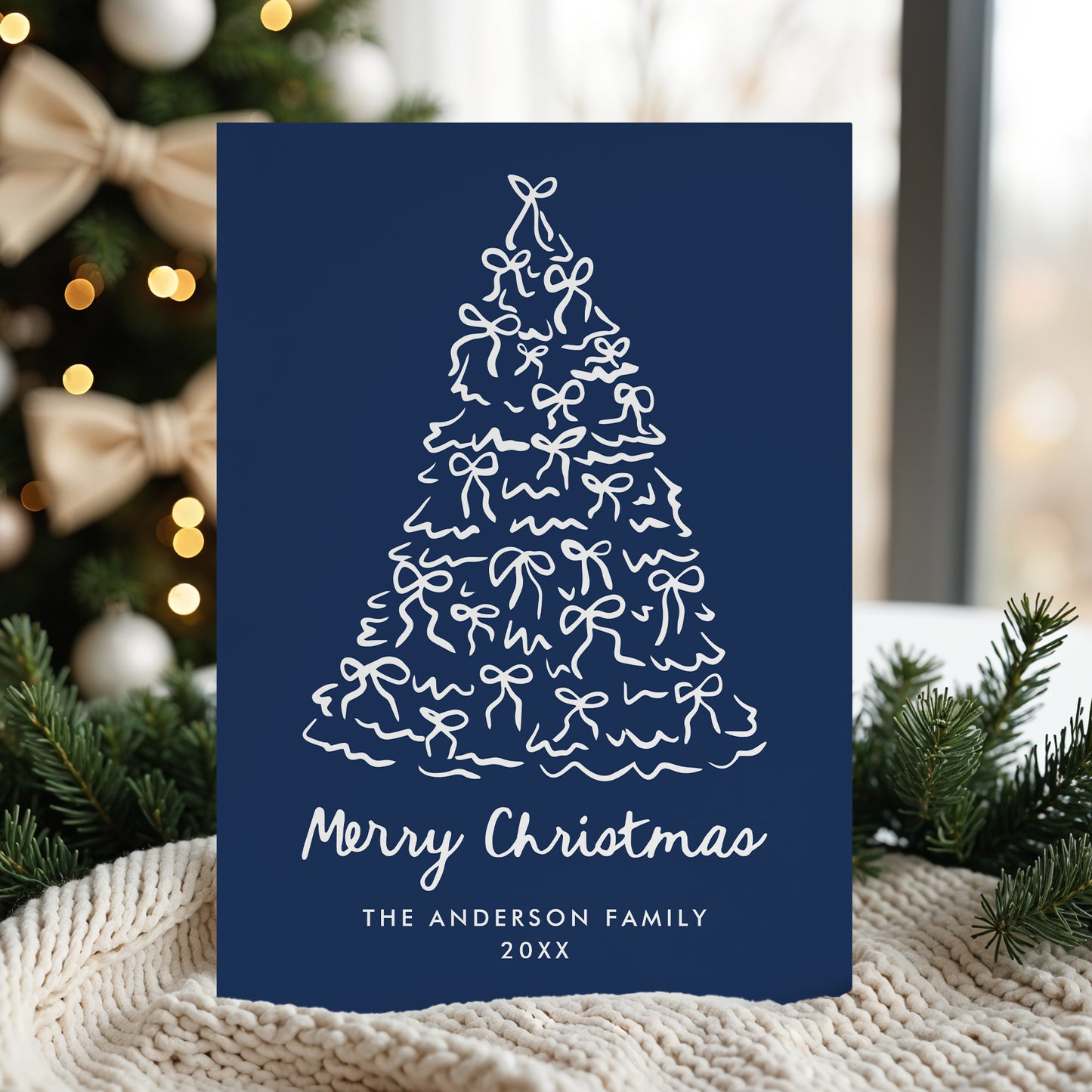 Whimsical Christmas Tree Bows Navy Non-Photo Holiday Card | Corjl Template