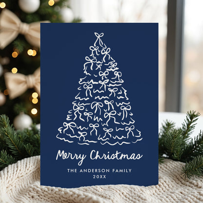 Whimsical Christmas Tree Bows Navy Non-Photo Holiday Card | Corjl Template