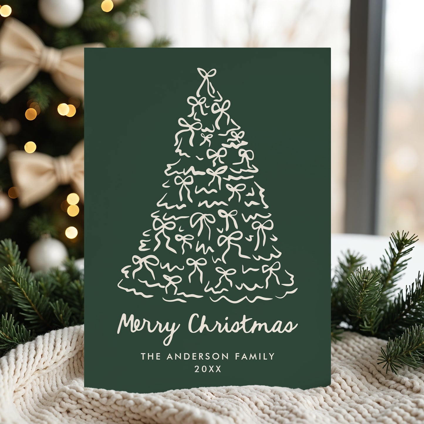 Whimsical Christmas Tree Bows Pine Green Non-Photo Holiday Card | Corjl Template