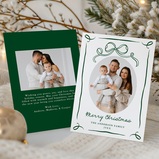 Whimsical Hand-Drawn Green Bow 2 Photo Holiday Card | Corjl Template