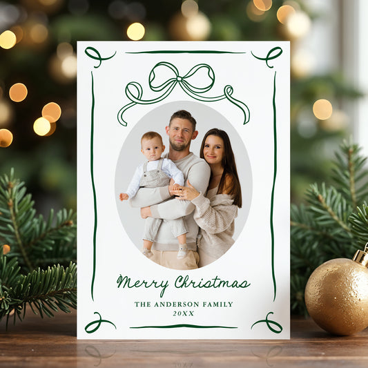 Whimsical Hand-Drawn Green Bow 2 Photo Holiday Card | Corjl Template