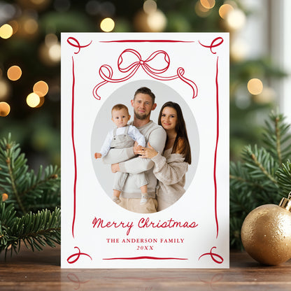 Whimsical Hand-Drawn Red Bow Christmas 2 Photo Holiday Card | Corjl Template