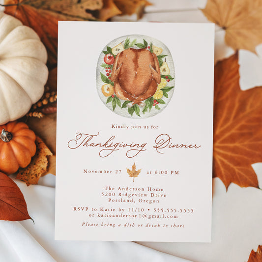 Elegant Watercolor Turkey Thanksgiving Dinner Invitation Template