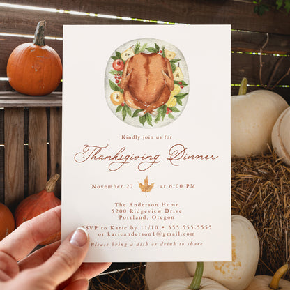 Elegant Watercolor Turkey Thanksgiving Dinner Invitation Template