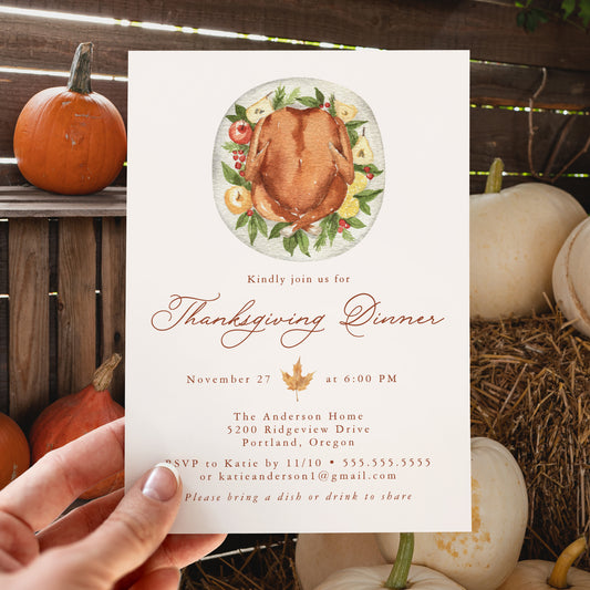Elegant Watercolor Turkey Thanksgiving Dinner Invitation Template