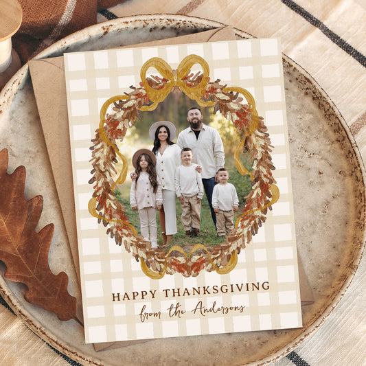 Rustic Autumn Wreath with Bow 4 Photo Thanksgiving Card Template