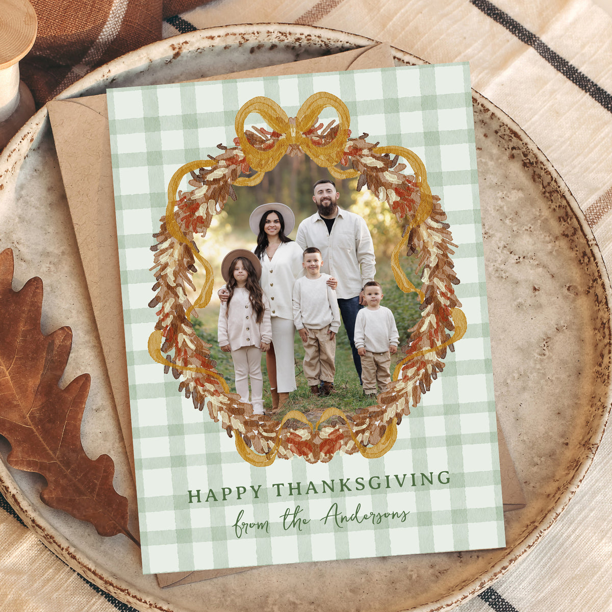 Rustic Autumn Wreath with Bow Green 4 Photo Thanksgiving Card Template