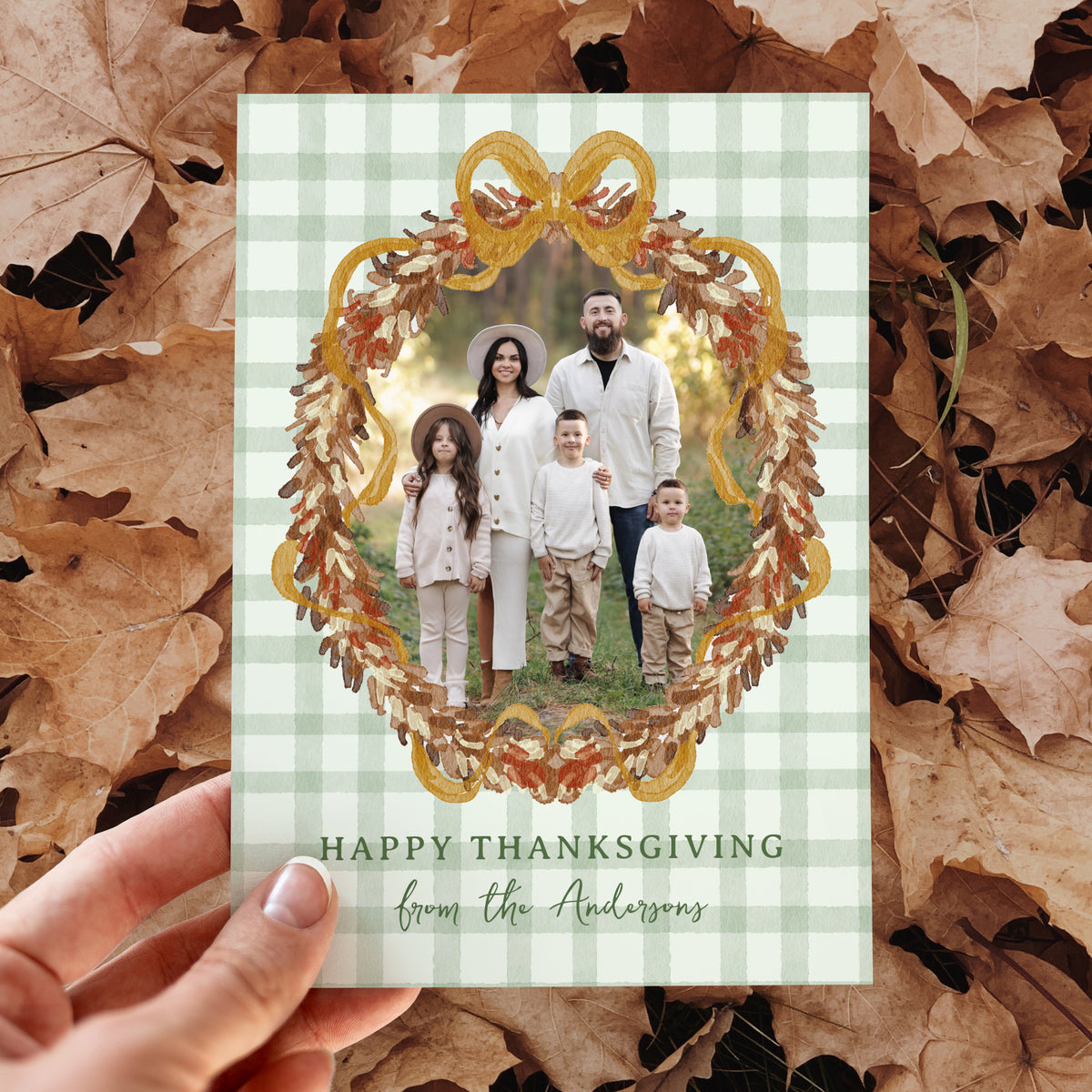 Rustic Autumn Wreath with Bow Green 4 Photo Thanksgiving Card Template