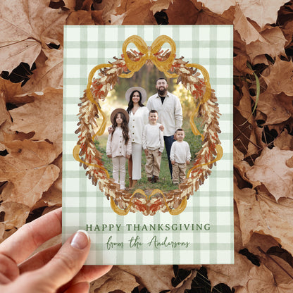 Rustic Autumn Wreath with Bow Green 4 Photo Thanksgiving Card Template