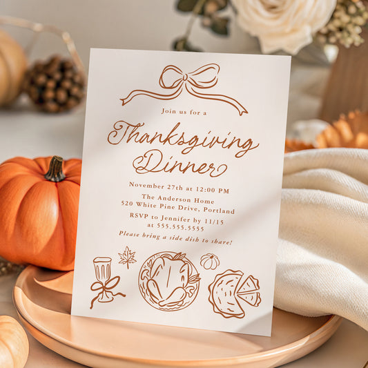 Whimsical Hand-Drawn Bow and Doodles Thanksgiving Dinner Invitation Template